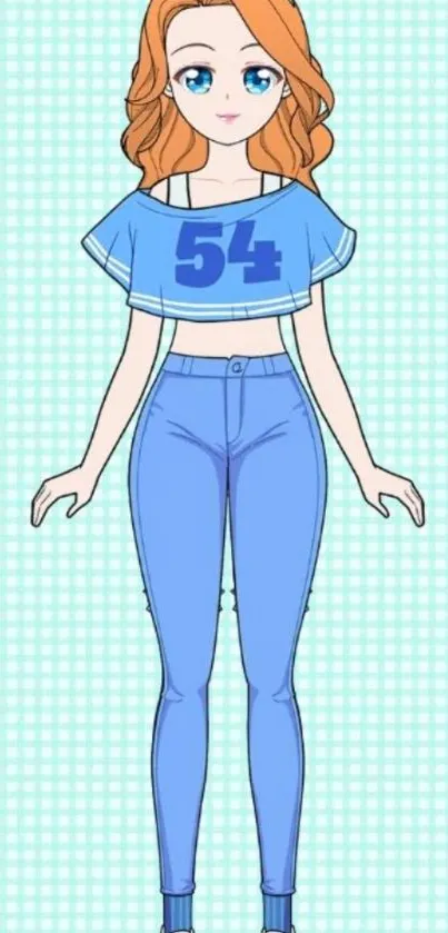 Anime girl in blue outfit on a light blue background wallpaper.
