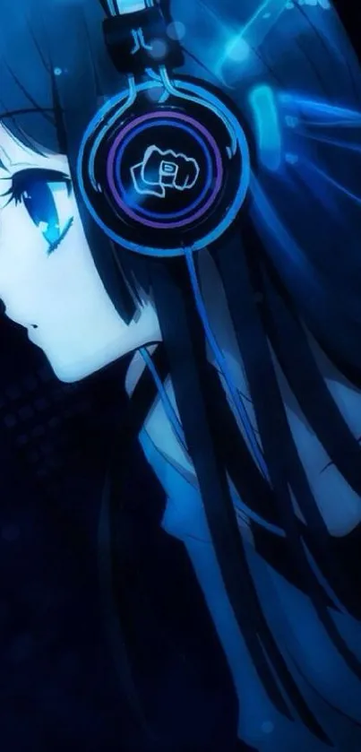 Anime character with headphones in blue tones, vibrant aesthetic wallpaper.