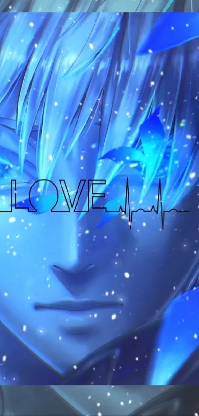 Anime character with blue eyes and love heartbeat on wallpaper.