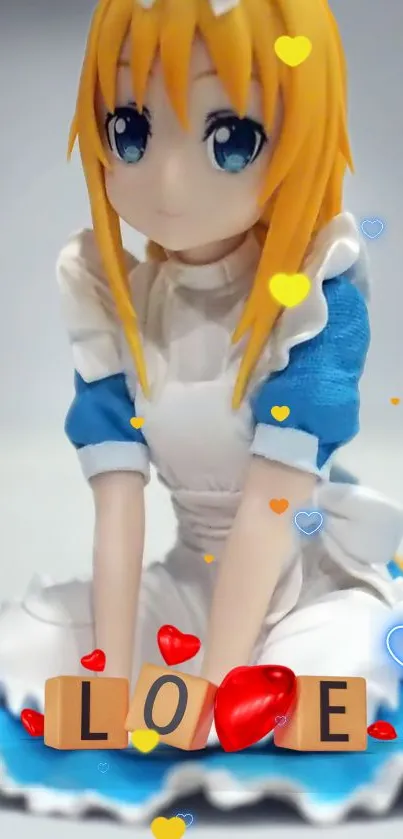 Anime maid figurine in blue and white dress, depicted in intricate detail.