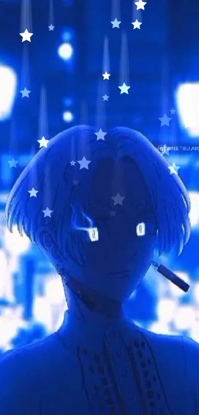 Anime silhouette with city lights in blue glow wallpaper.