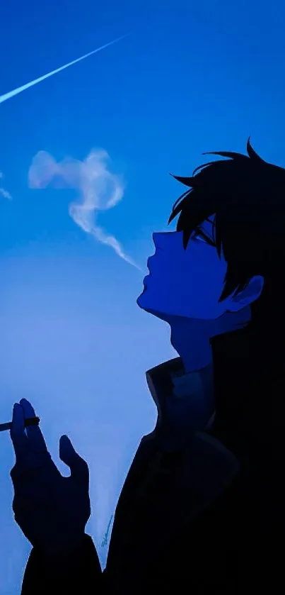 Anime silhouette with blue background and smoke effect.