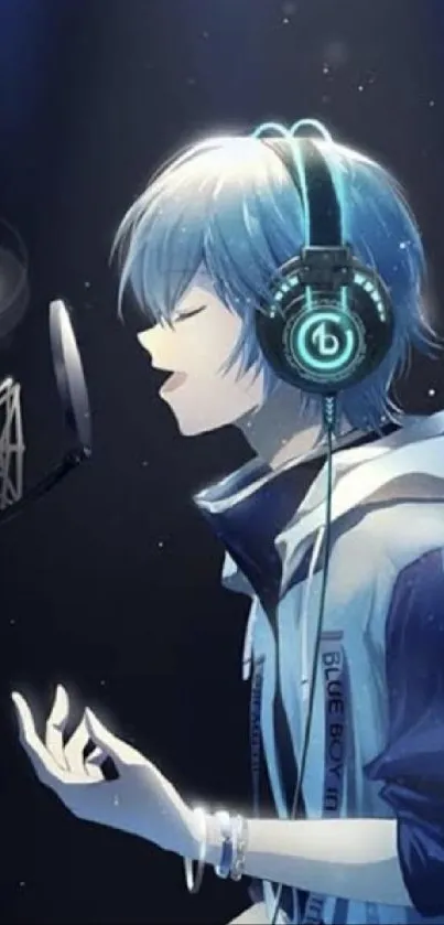 Anime singer with blue hair and headphones in studio art.