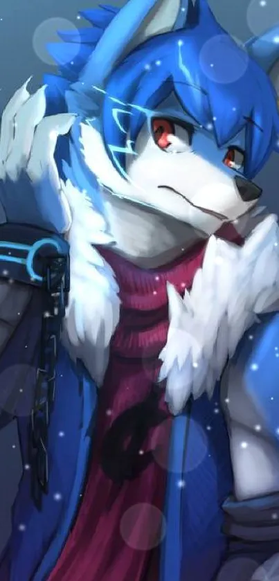 Blue anime wolf with vibrant design on mobile wallpaper.