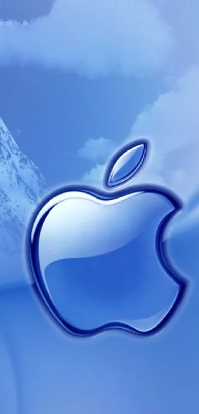 Blue Apple logo with clouds on a mobile wallpaper background.