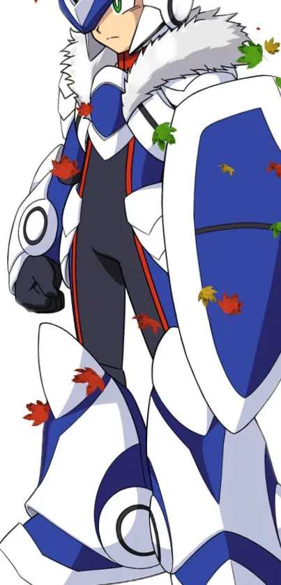 Anime character in blue armor with autumn leaves.