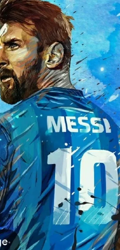 Blue artistic depiction of a football player with number 10 jersey in a dynamic pose.