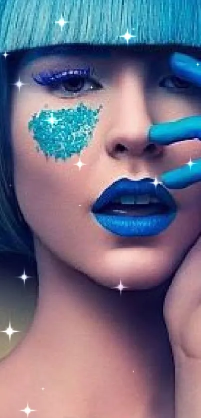 Vibrant blue artistic makeup on model with unique face paint design.