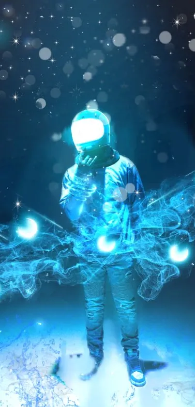 Astronaut in blue digital space with glowing effects and starry night.