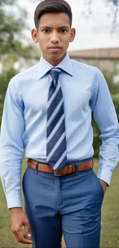 Young man in a blue shirt and tie in a formal outdoor setting.