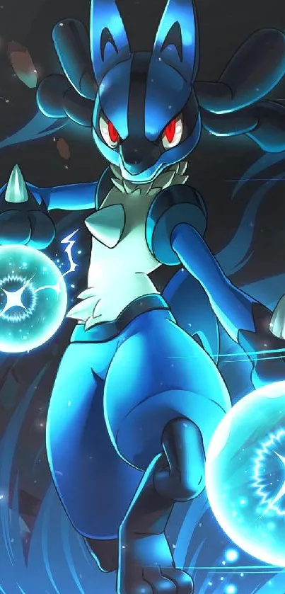 Blue anime creature with energy auras, dynamic and mystical.