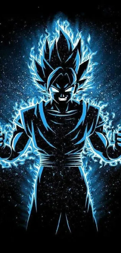 Anime character with glowing blue aura on a dark background.