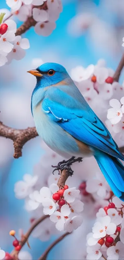 Blue bird perched on cherry blossom branches with a sky blue background.