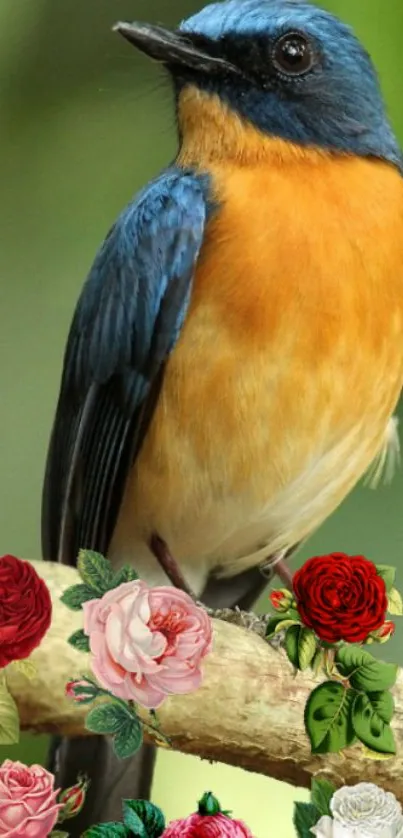 Blue bird with colorful roses on branch wallpaper