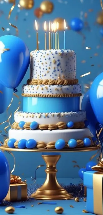 Blue birthday cake with balloons and presents.
