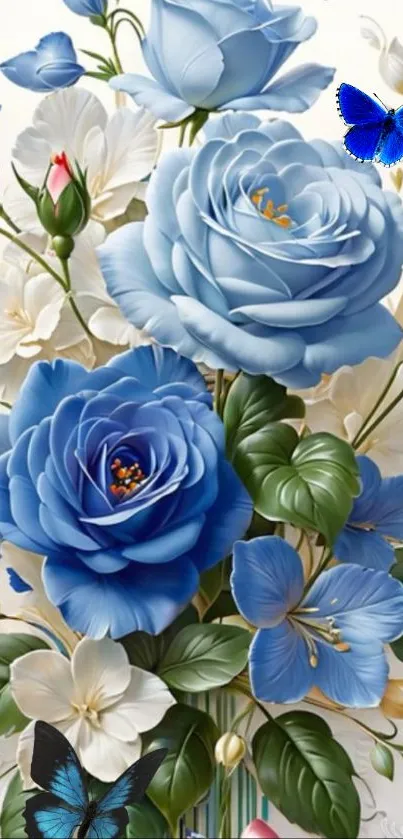 Blue roses with butterflies and foliage on a soft background.