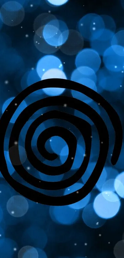 Blue bokeh wallpaper with central black spiral design.