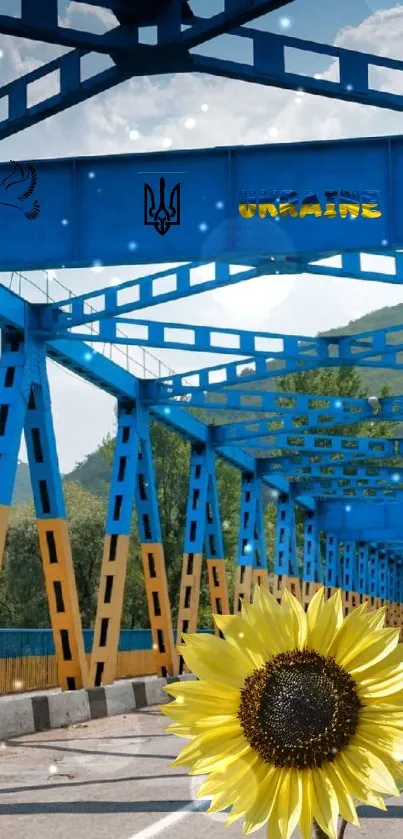 Blue bridge with sunflower under bright sky.