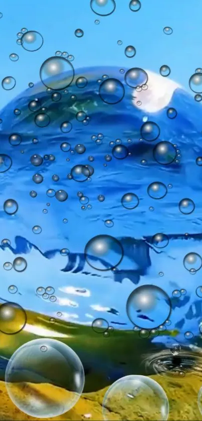 Mesmerizing blue bubble with floating spheres on wallpaper.