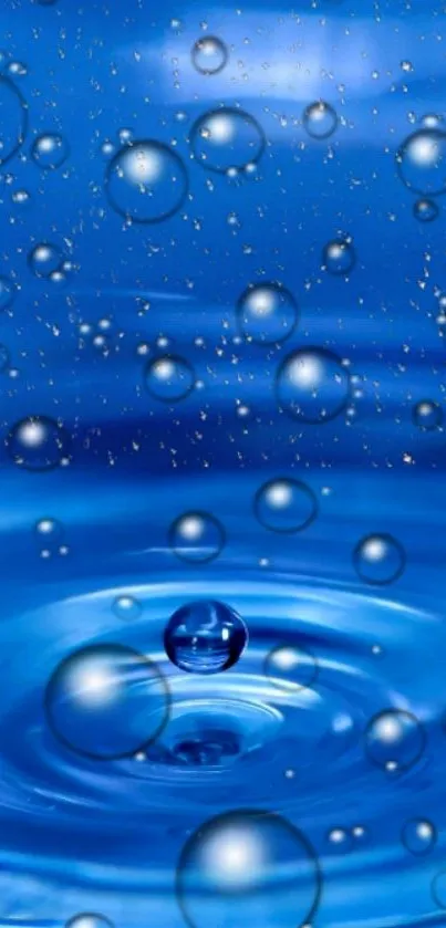 Vibrant blue bubbles floating over water ripples with a serene background.