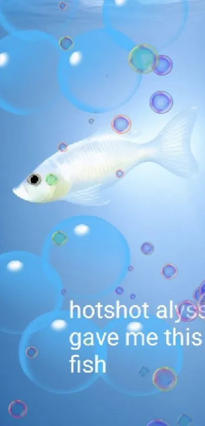 White fish swimming among blue bubbles in a serene wallpaper.