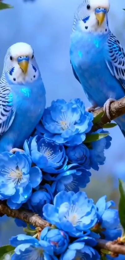 Two blue budgies perched on branches with vibrant blue flowers.