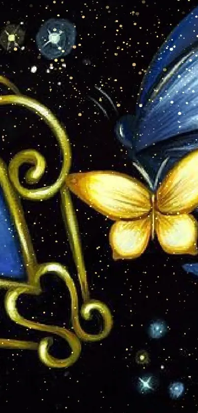 Mobile wallpaper with blue butterflies and golden heart pendant on dark background.