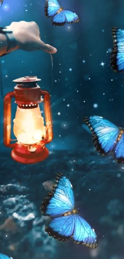 Vibrant blue butterflies surround a glowing lantern in a dark forest setting.