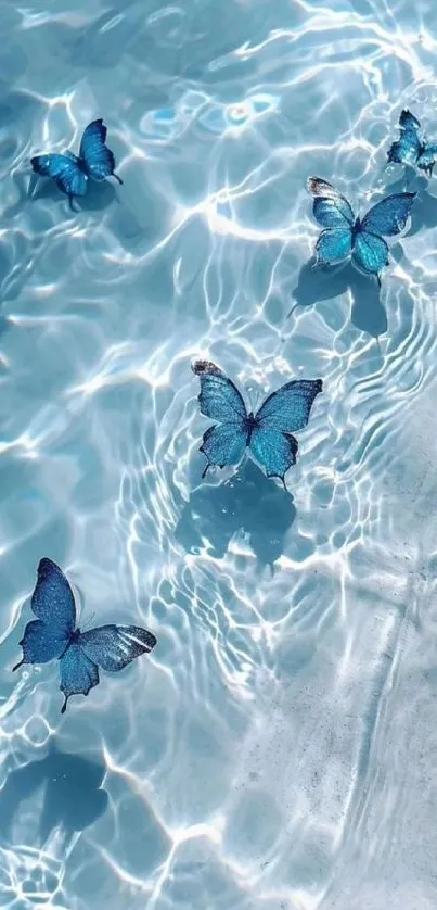 Blue butterflies hovering above serene rippling water surface.