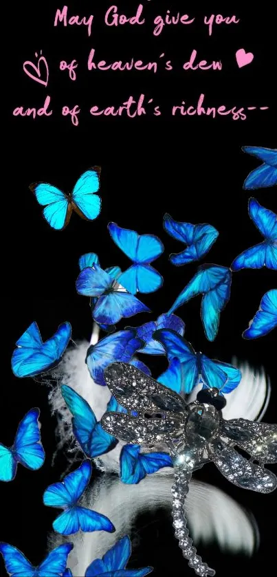 Blue butterflies and sparkling dragonfly on dark background art.