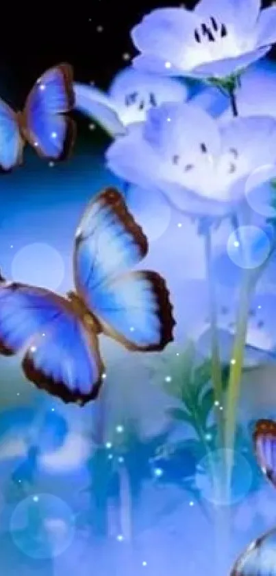 Blue butterflies flutter around delicate flowers in a serene nature wallpaper.