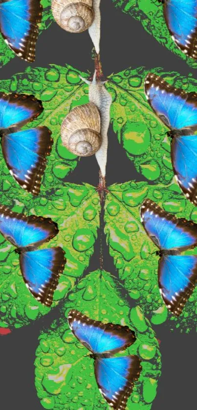 Blue butterflies on green leaves with water droplets.