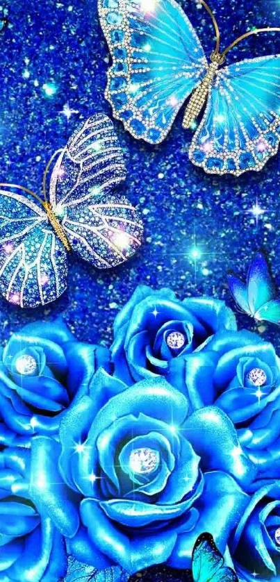 Blue butterflies and roses with glittering background.