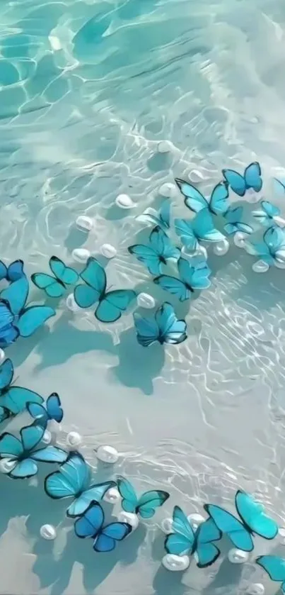 Blue butterflies over turquoise water backdrop