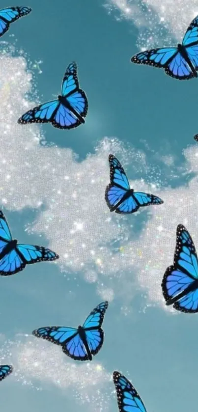 Vibrant blue butterflies in a tranquil cloudy sky wallpaper.