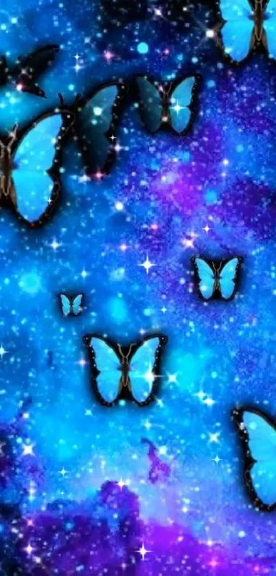 Blue butterflies in a starry cosmic background wallpaper.