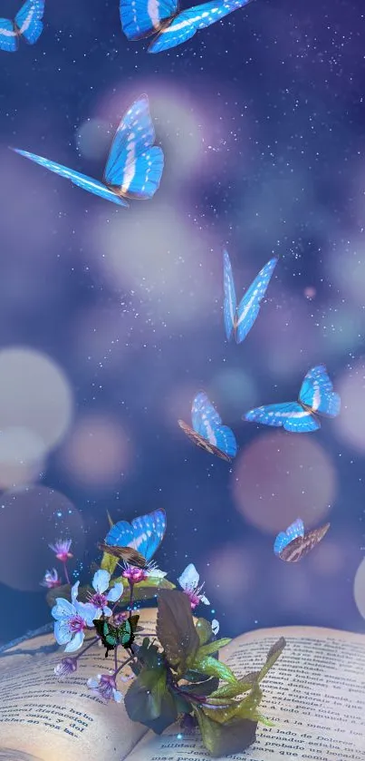 Vivid blue butterflies flutter above an open book with blossoms, creating a dreamy scene.