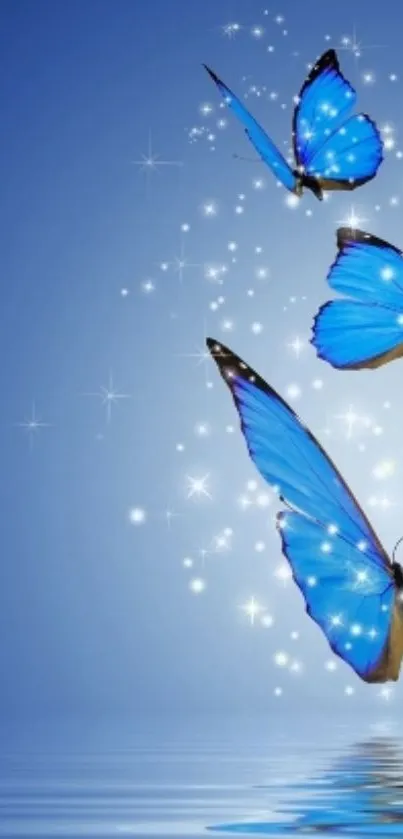 Blue butterflies on a sparkling fantasy background with water reflection.