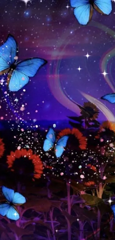 Magical blue butterflies flutter over sunflowers in a starry purple night sky.