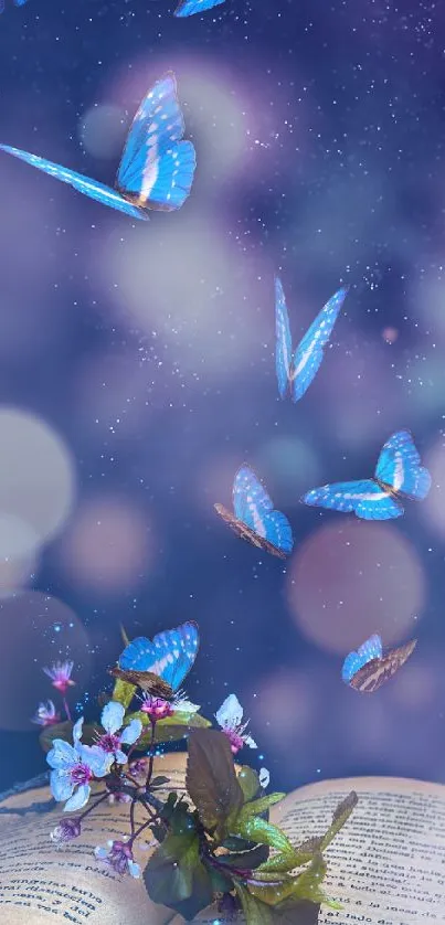 Fantasy wallpaper with blue butterflies over an open book and dreamy sky.