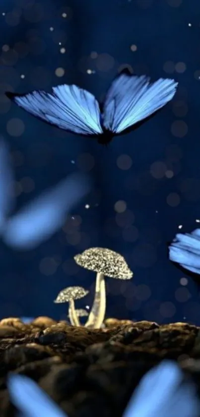 Blue butterflies and glowing mushrooms in a magical night scene.