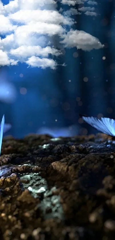 Enchanting blue butterflies in a mystical forest setting.