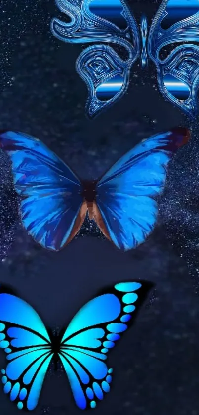 Three blue butterflies on a galaxy backdrop