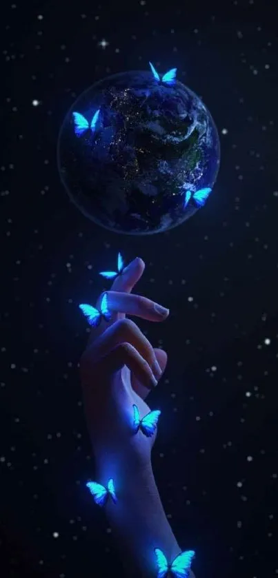 Hand with blue butterflies near earth, starry night sky.