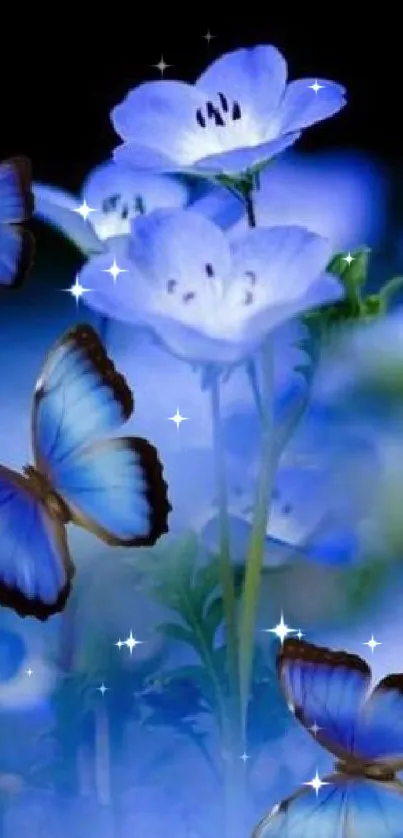 Blue butterflies flutter among delicate white flowers.