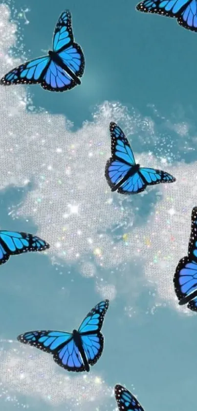 Blue butterflies fluttering in a cloudy sky.