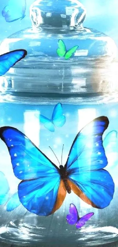 Vibrant blue butterflies surround a glass jar against a sunlit sky.