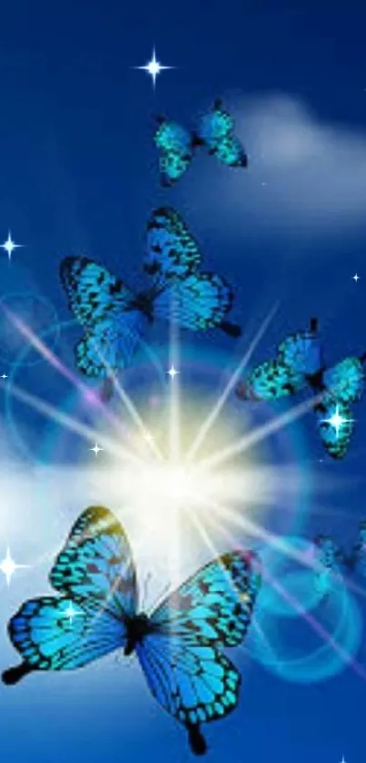 Blue butterflies fluttering in sunlight against a bright sky.