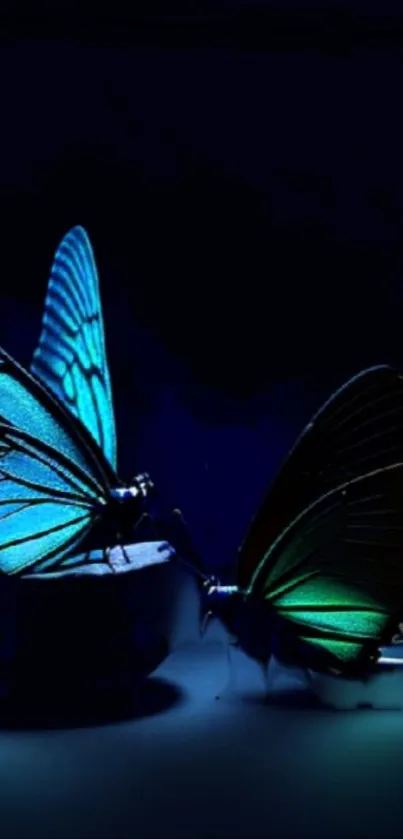 Two blue butterflies glow against a dark background in this wallpaper.