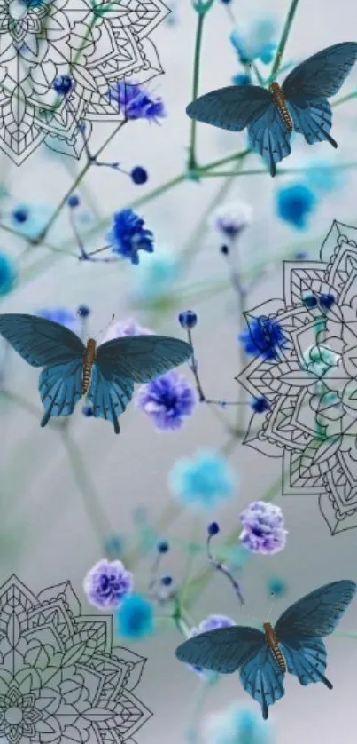 Blue butterflies with mandala art on a floral background.